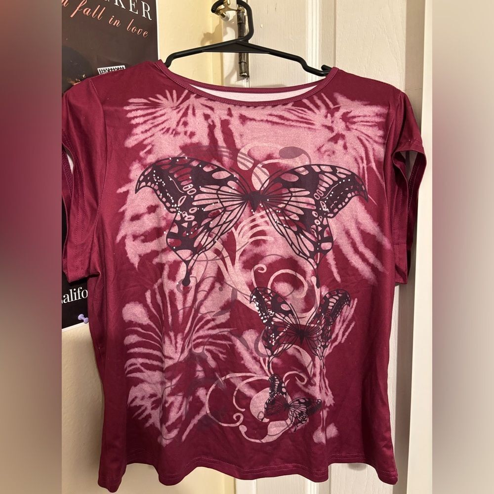 Source Unknown Maroon Butterfly Print Tee
